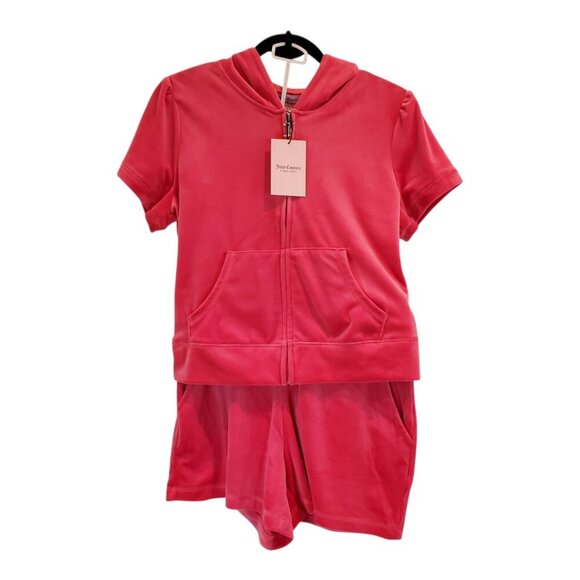 NWT JUICY COUTURE SZ M Hot Pink Watermelon Velour Hoodie & Shorts Tracksuit Set - Picture 2 of 10